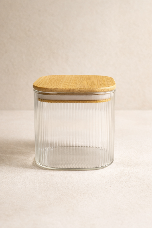 Bambu Contalı Borosilikat 750 ML Kare Çizgili Kavanoz KW-114