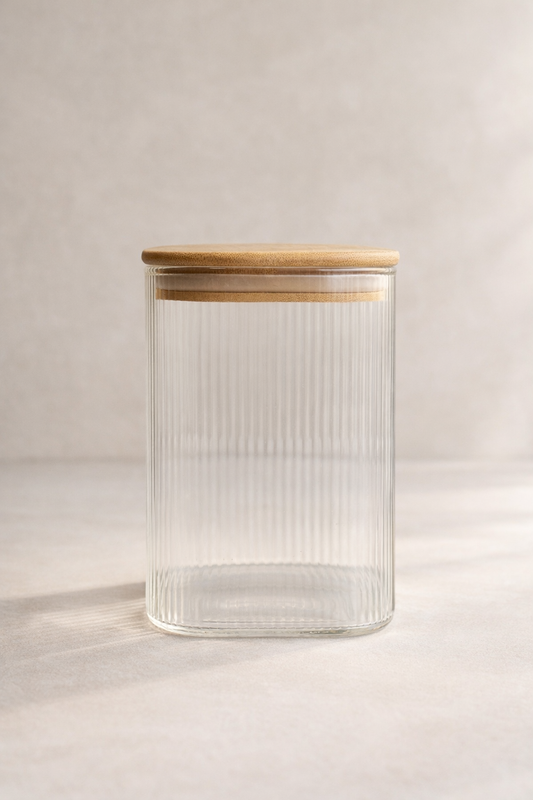 Bambu Contalı Borosilikat 1 Litre Kare Çizgili Kavanoz KW-115