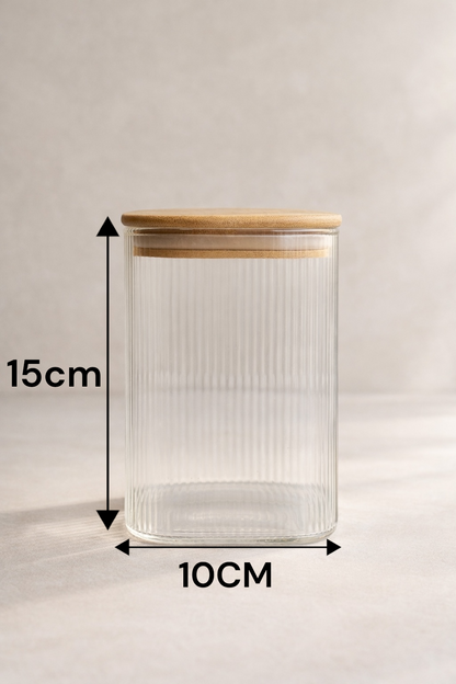 Bambu Contalı Borosilikat 1 Litre Kare Çizgili Kavanoz KW-115