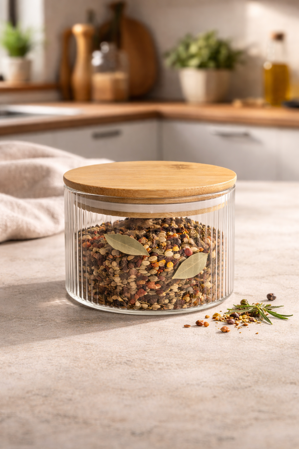 Bambu Contalı Borosilikat 500 ML Yuvarlak Çizgili Kavanoz KW-122