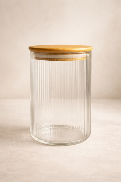 Bambu Contalı Borosilikat 1 Litre Yuvarlak Çizgili 3'lü Kavanoz Seti KW-123