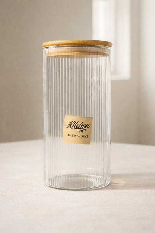 Bambu Contalı Borosilikat 1,5 Litre Yuvarlak Çizgili Kavanoz KW-124