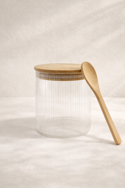 Kitchen Way Bambu Kapaklı Kulplu Kaşıklı 700ML Contalı Kavanoz KW-372D