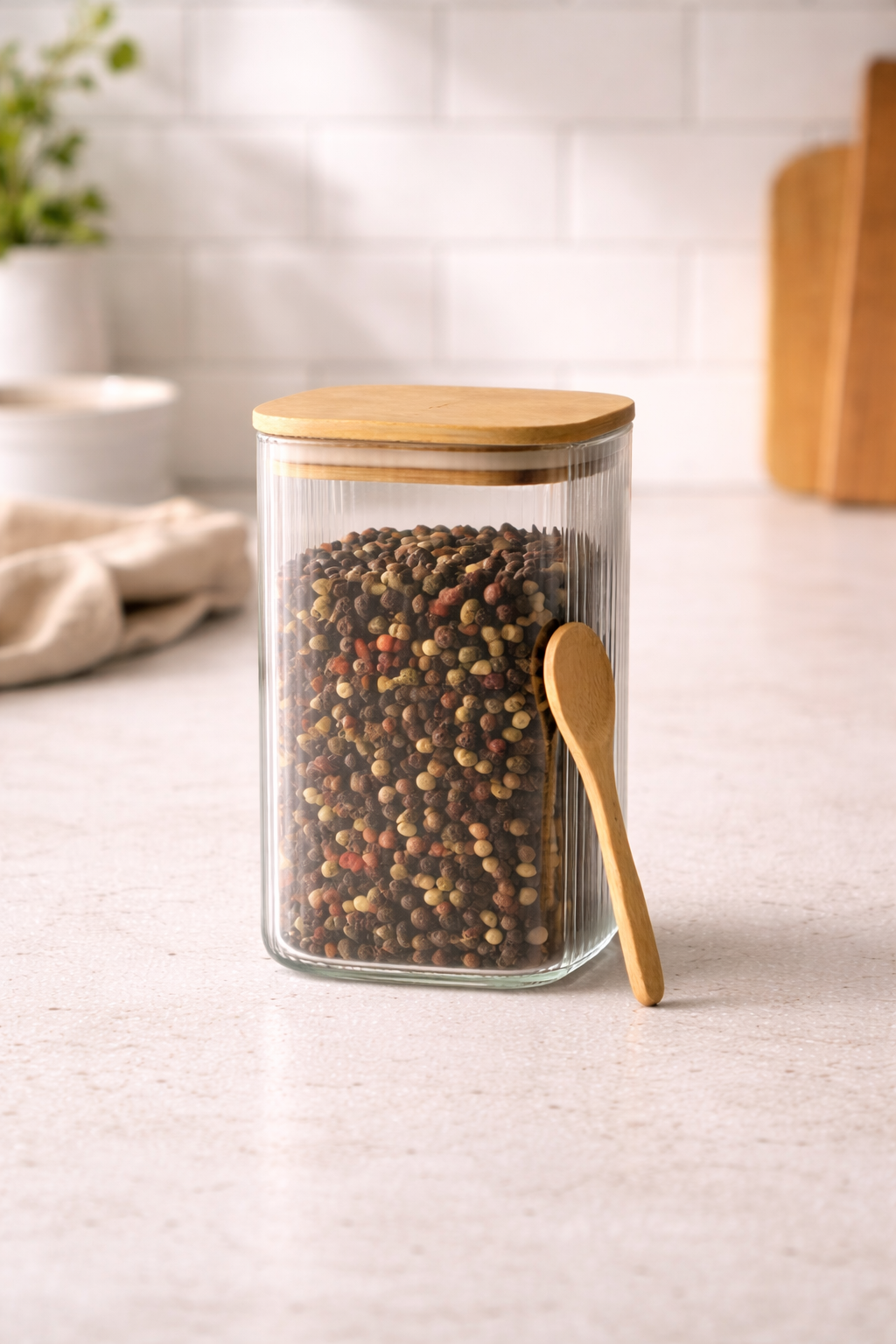 Kitchen Way Bambu Kapaklı Kulplu Kaşıklı Contalı Kavanoz Çizgili Tasarım KW-373C