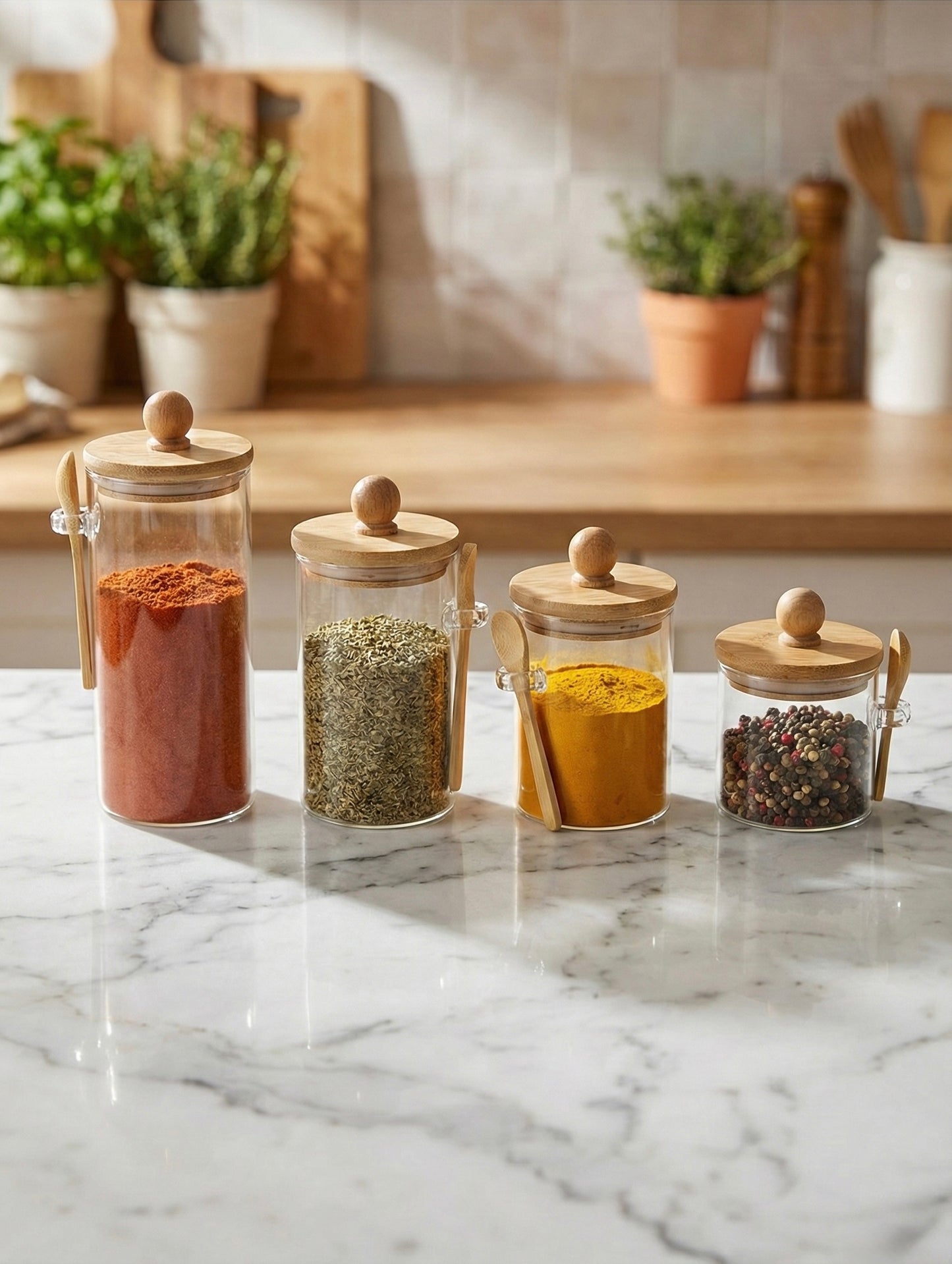 Bambu Kaşıklı Conta Kapaklı Kavanoz Set Baharatlık KW-730-740 Series