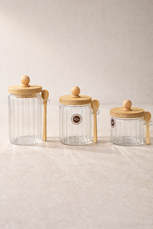 Bambu Kaşıklı Conta Kapaklı Çizgi Desenli Kavanoz Set Baharatlık KW-750-2 Series