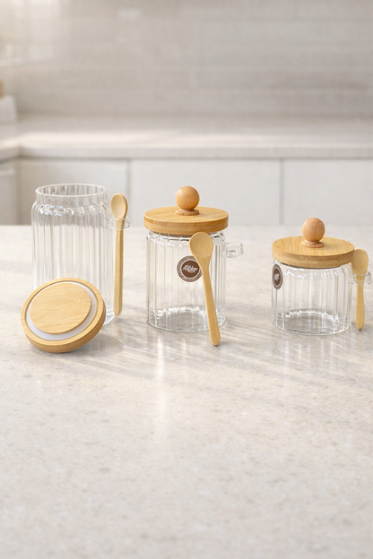 Bambu Kaşıklı Conta Kapaklı Çizgi Desenli Kavanoz Set Baharatlık KW-750-2 Series