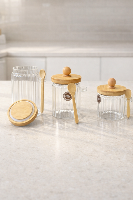 Bambu Kaşıklı Conta Kapaklı Çizgi Desenli Kavanoz Set Baharatlık KW-750-2 Series