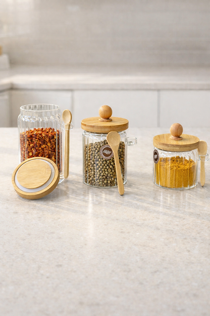 Bambu Kaşıklı Conta Kapaklı Çizgi Desenli Kavanoz Set Baharatlık KW-750-2 Series