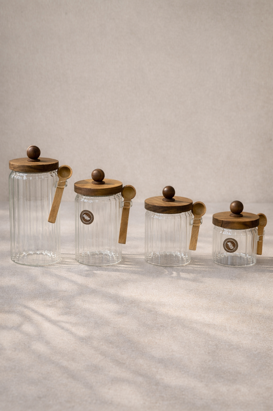 Akasya Kaşıklı Conta Kapaklı Çizgi Desenli Kavanoz Set Baharatlık KW-750 Series