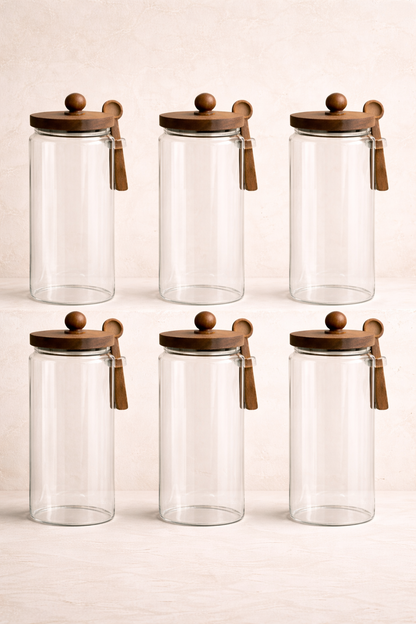 Akasya Kaşıklı Conta Kapaklı 6'lı Kavanoz Baharatlık Seti KW-737