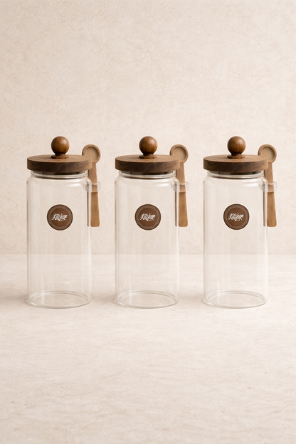 Akasya Kaşıklı Conta Kapaklı 3'lü Kavanoz Baharatlık Seti KW-737