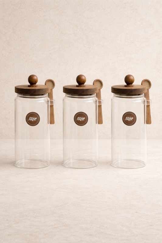 Akasya Kaşıklı Conta Kapaklı 3'lü Kavanoz Baharatlık Seti KW-737