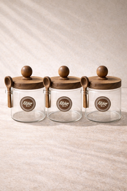 Akasya Kaşıklı Conta Kapaklı 3'lü Kavanoz Baharatlık Set KW-734