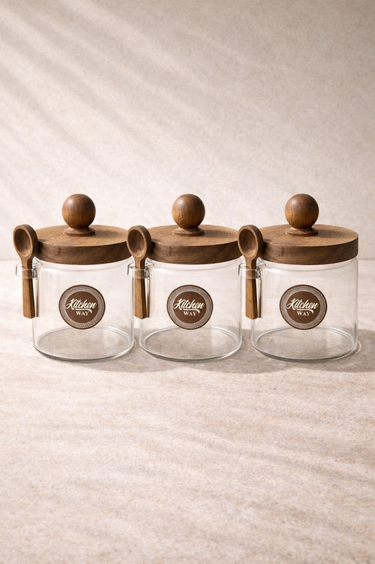 Akasya Kaşıklı Conta Kapaklı 3'lü Kavanoz Baharatlık Set KW-734