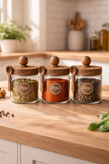 Akasya Kaşıklı Conta Kapaklı 3'lü Kavanoz Baharatlık Set KW-734