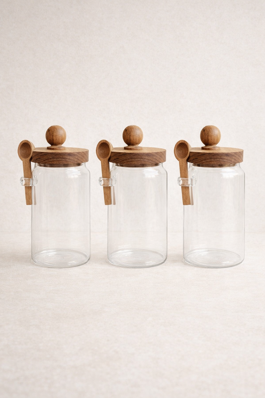 Akasya Kaşıklı Conta Kapaklı 3'lü Kavanoz Baharatlık SetKW-735