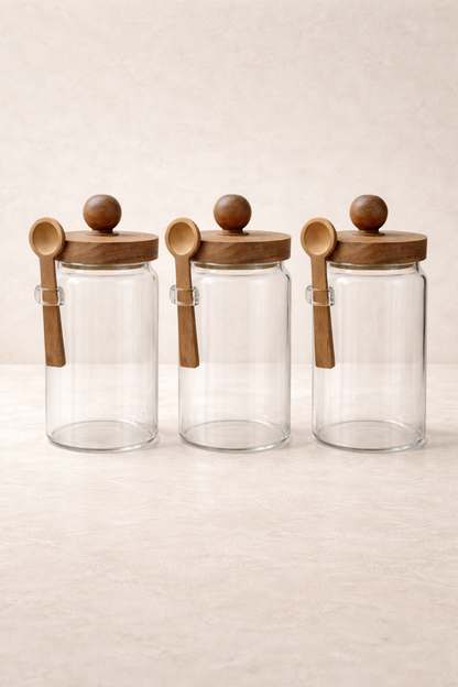 Akasya Kaşıklı Conta Kapaklı 3'lü Kavanoz Baharatlık KW-736