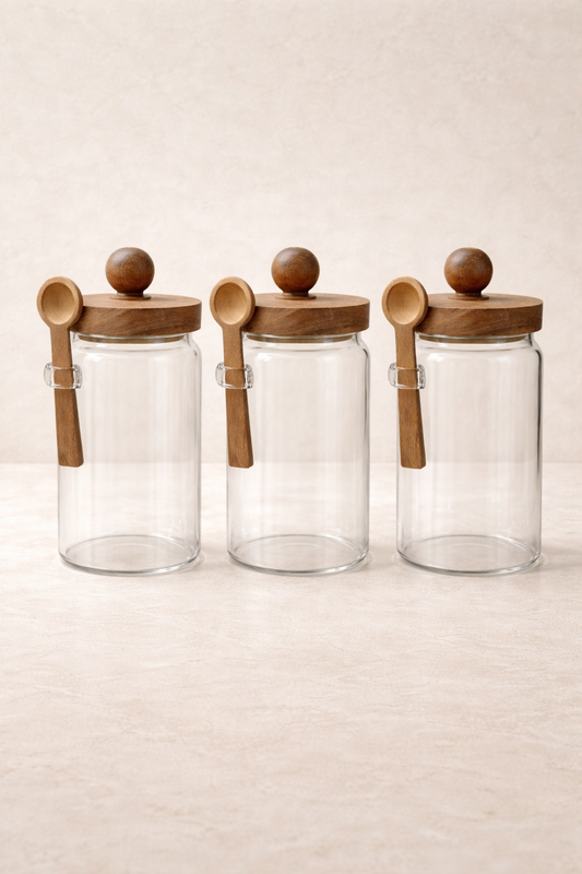 Akasya Kaşıklı Conta Kapaklı 3'lü Kavanoz Baharatlık KW-736