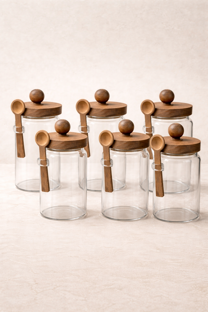 Akasya Kaşıklı Conta Kapaklı 6'lı Kavanoz Baharatlık Seti KW-736