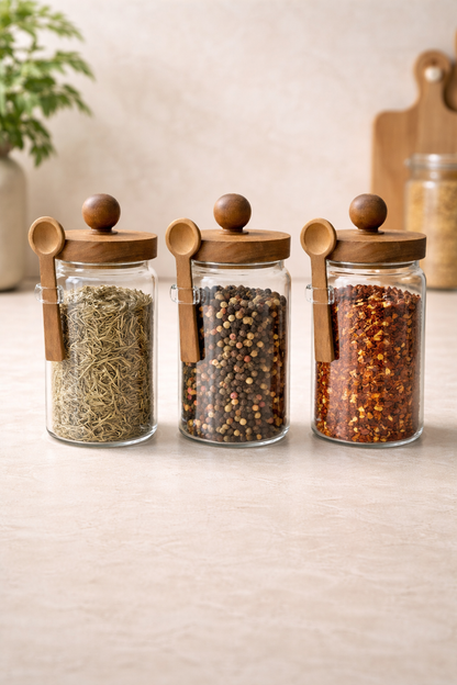 Akasya Kaşıklı Conta Kapaklı 3'lü Kavanoz Baharatlık KW-736