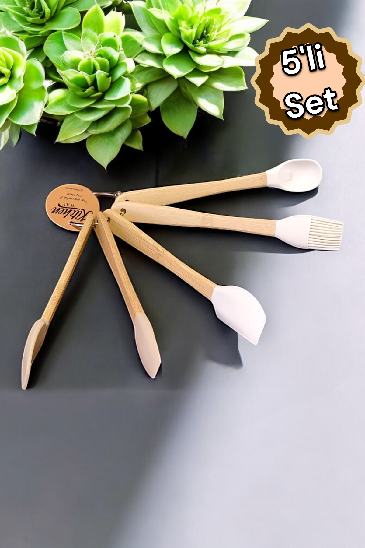 Kitchen Way Silikon Başlık Bambu Saplı 5 Li Pasta ve Kek Seti KW-407