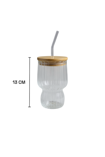 Çizgi Desenli Bambu Kapaklı Contalı Cam Pipetli Borosilikat Bardak KW-042