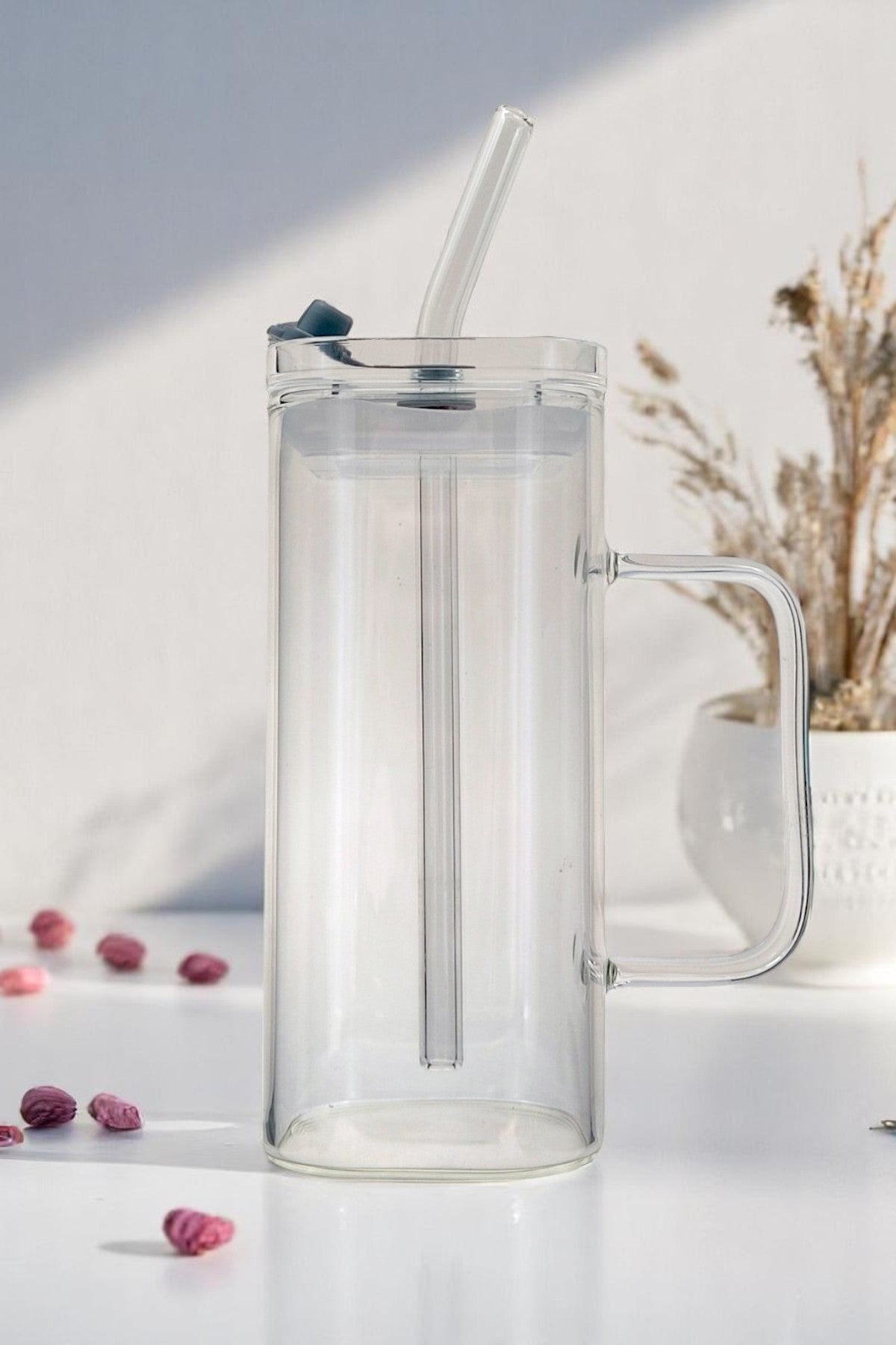 Kare Uzun Pipetli Contalı Kulplu Cam Kupa KW-052