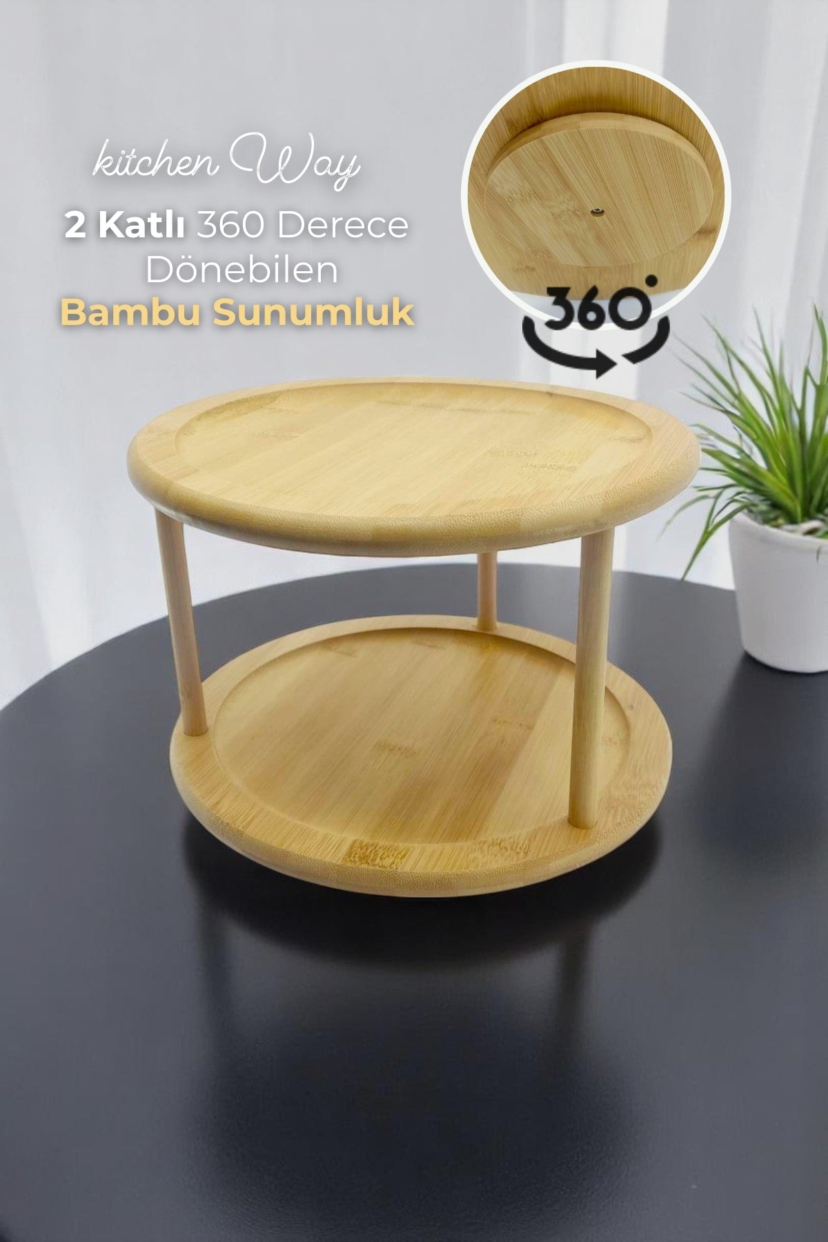 2 katlı 360 Derece Dönebilen Bambu Sunumluk 25cm KW-243