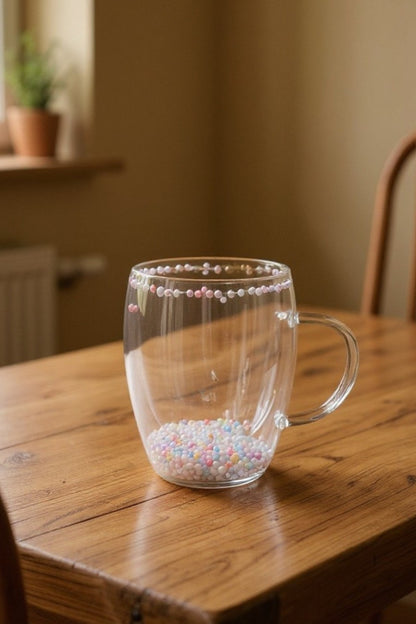 Çift Cidarlı Borosilikat 350ML Boncuk Figürlü Bardak Kupa KW-381B