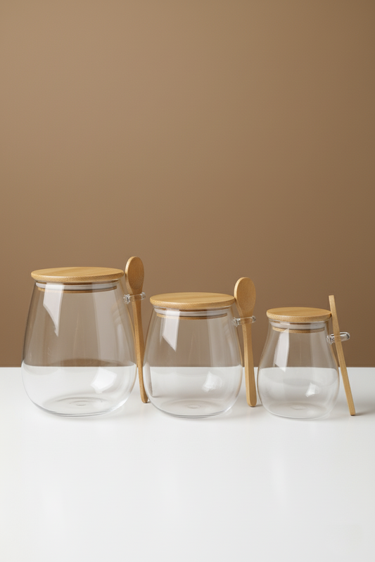 3'lu Set Bambu Kaşıklı Borosilikat Isıya Dayanaklı Kavanoz KW-389A-KW-389B-KW-389C
