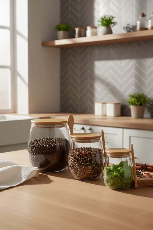 3'lu Set Bambu Kaşıklı Borosilikat Isıya Dayanaklı Kavanoz KW-389A-KW-389B-KW-389C