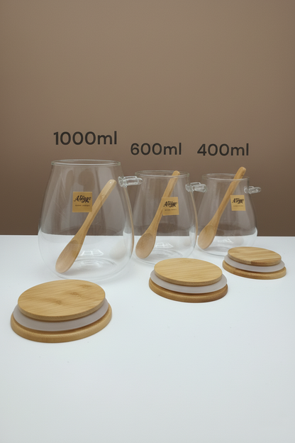 3'lu Set Bambu Kaşıklı Borosilikat Isıya Dayanaklı Kavanoz KW-389A-KW-389B-KW-389C