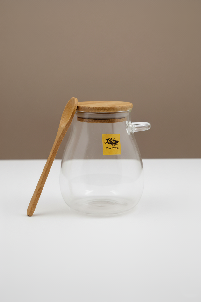 Bambu Kaşıklı Borosilikat 400ML Isıya Dayanaklı Kavanoz KW-389A