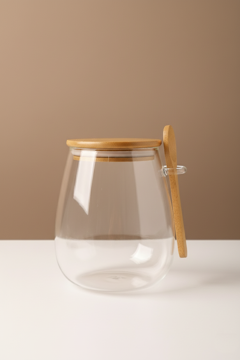 Bambu Kaşıklı Borosilikat 1000ML Isıya Dayanaklı Kavanoz KW-389C