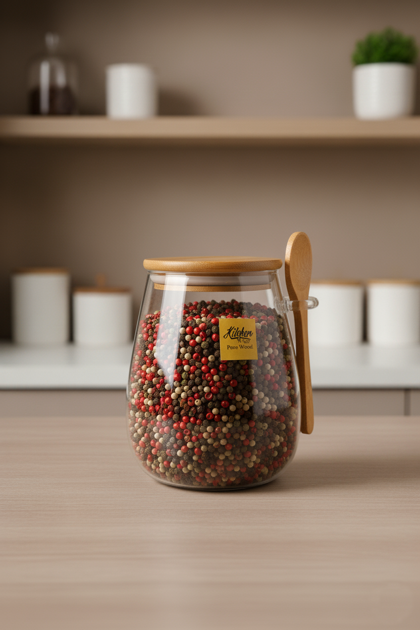 Bambu Kaşıklı Borosilikat 1000ML Isıya Dayanaklı Kavanoz KW-389C