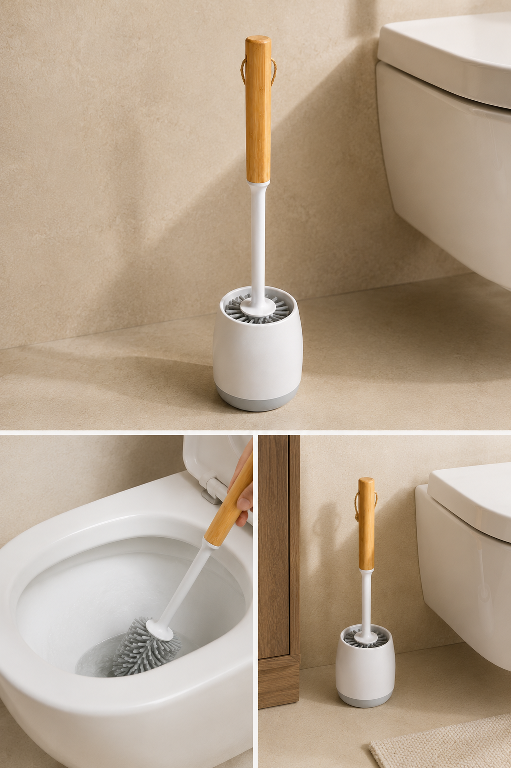 Bambu Saplı Tuvalet Temizlik Fırçası Silikon Başlıklı WC Klozet Temizleme Fırçası Dayanıklı SHN-3061