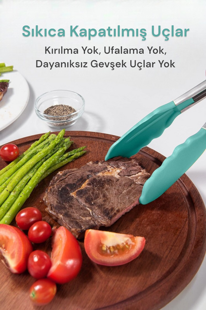 Silikon Başlık Kilit Mekanizmalı Kaymaz Saplı Mutfak ve Yemek Maşası KW-187 PHŞPZR QAZWSX