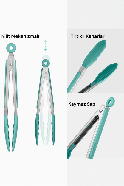 Silikon Başlık Kilit Mekanizmalı Kaymaz Saplı Mutfak ve Yemek Maşası KW-187 PHŞPZR QAZWSX