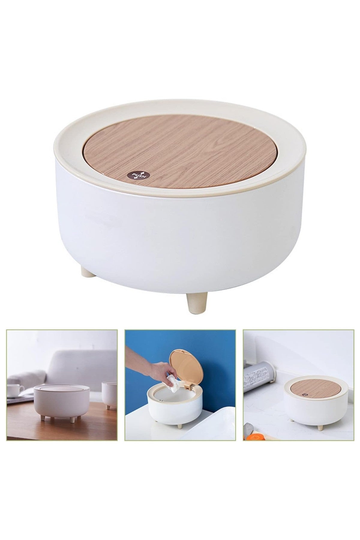 Click Kapaklı Ahşap Desenli Kaydırmaz Tabanlı Masa Üstü Çöp Kovası SHN-1196