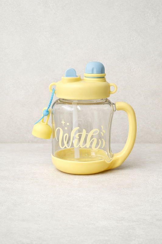 Desenli Pipetli Kapaklı 900ML Polikarbon Cam Matara KW-1030