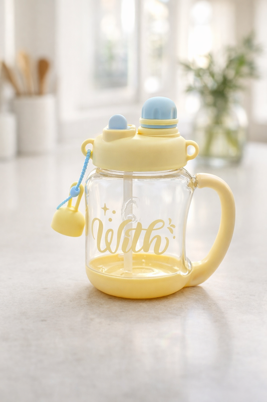 Desenli Pipetli Kapaklı 900ML Polikarbon Cam Matara KW-1030