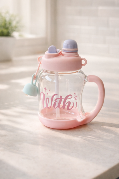 Desenli Pipetli Kapaklı 900ML Polikarbon Cam Matara KW-1030