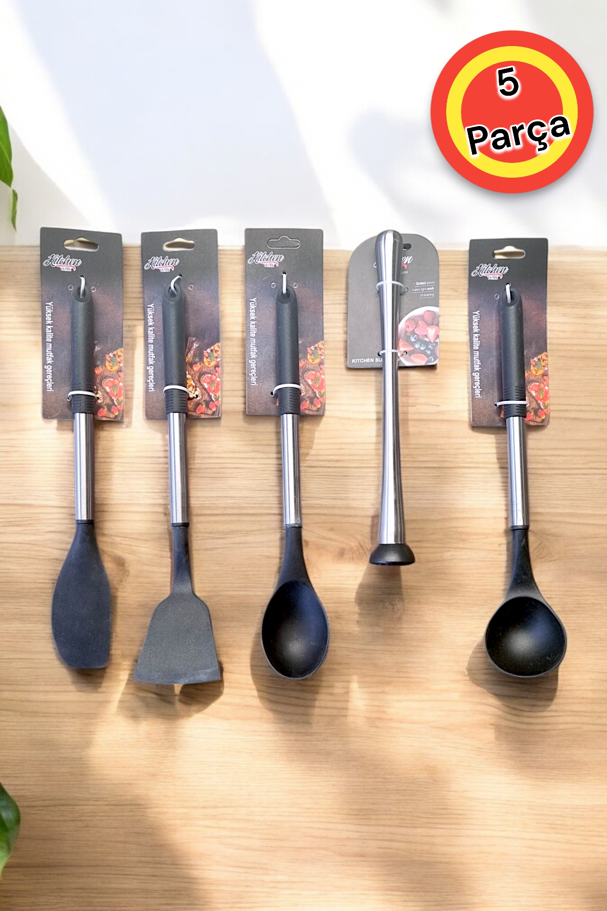 Kitchen Way Metal Saplı Silikon Uçlu Siyah İnci 5 Parça Yemek Hazırlık Seti KW-553 Series