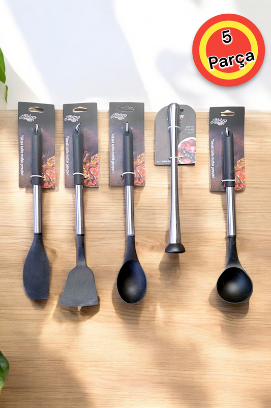Metal Saplı Silikon Uçlu Siyah İnci 5 Parça Yemek Hazırlık Seti KW-553 Series