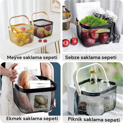 Siyah Metal Bambu Saplı Çok Amaçlı Sepeti SHN-1097