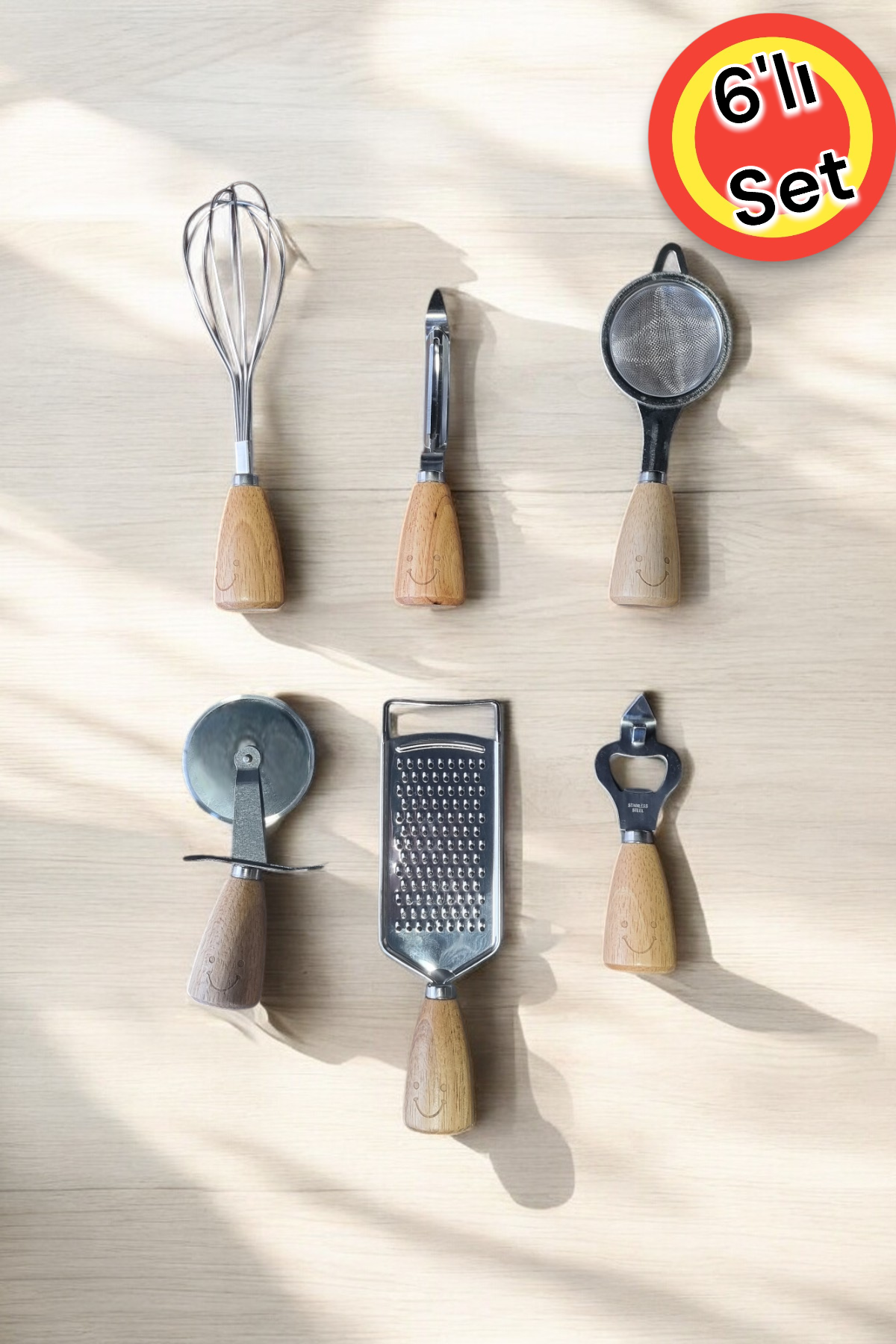 Kitchen Way Smile Bambu Saplı 6 Parça Mutfak Gereçleri Seti Metal Uçlu KW-480 Series