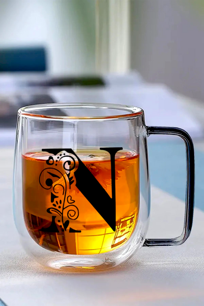 Çift Cidarlı Borosilikat 350ML Harfli Cam Bardak Kupa KW-884