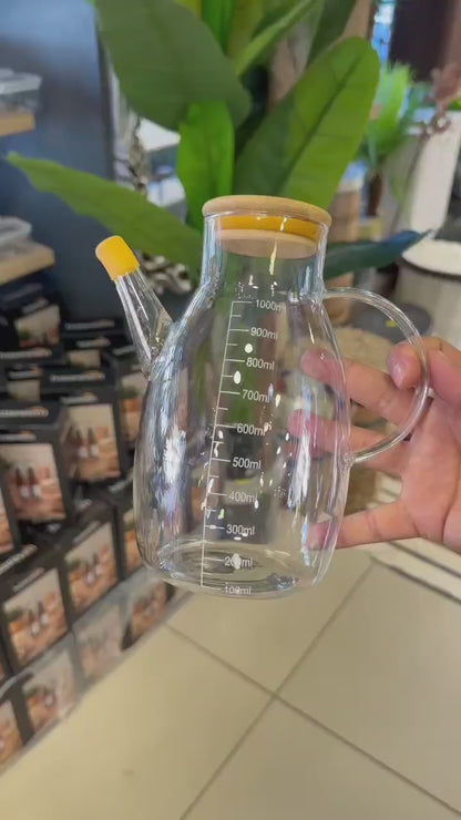 Borosilikat 1 Litre Bambu Kapaklı Contalı Cam Yağdanlık KW-082