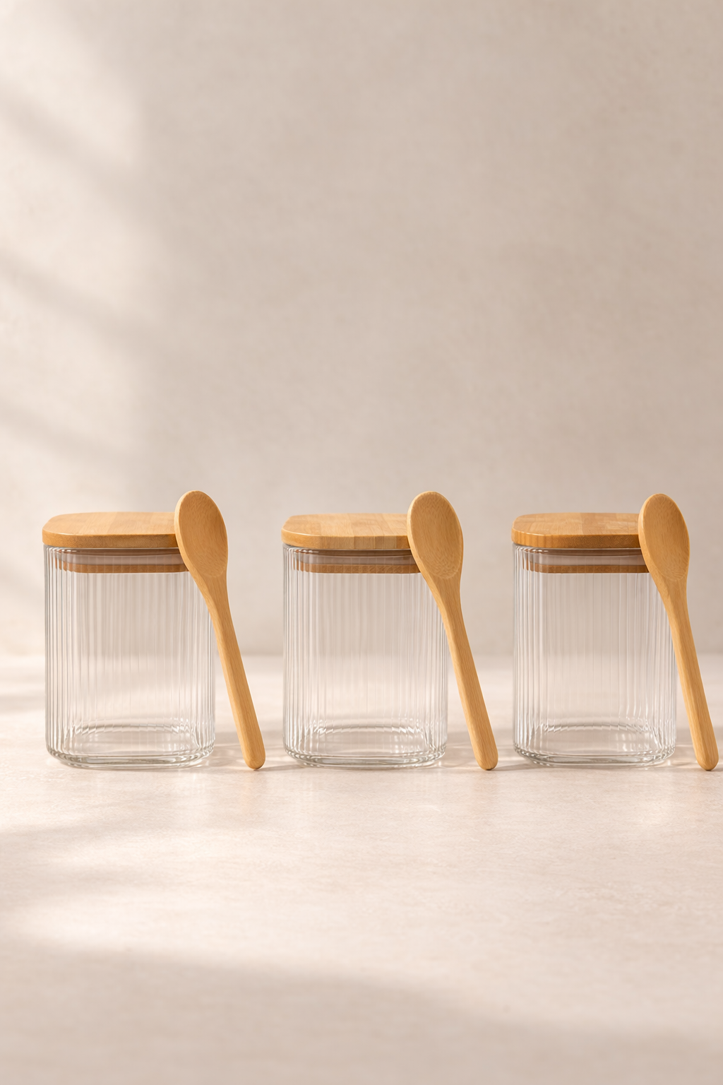 Kitchen Way Bambu Kapaklı Kaşıklı Contalı 3'lü Kavanoz Seti KW-373A